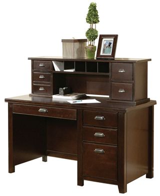 Picture of Modern Wood Single Pedestal Office Desk with Organizer Hutch