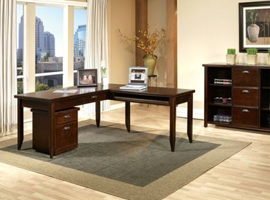 Picture of Modern Wood L Shape Writing Table Desk with Rolling File Cabinet and Freestanding Bookcase Storage Cabinet