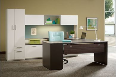 Picture of Contemporary Executive Office Desk Workstation with Credenza Storage and Wardrobe Filing