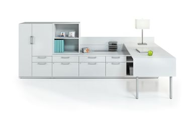 Picture of Contemporary L Shape Office Desk Workstation with Wardrobe, Locking Storage and Open Filing
