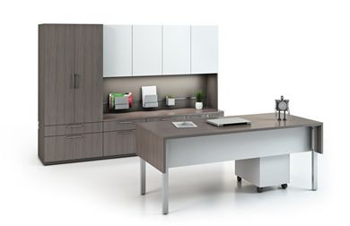 Picture of Contemporary Executive Office Desk Workstation with Credenza Storage, Closed Overhead Storage and Lateral File Bookcase Storage