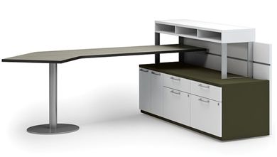 Picture of Contemporary L Shape Office Desk Workstation with Door Storage and Sorter Overhead