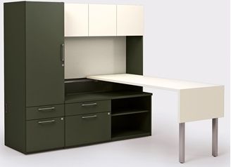 Picture of Contemporary L Shape Office Desk Workstation with Overhead Storage and Multi File Tall Cabinet