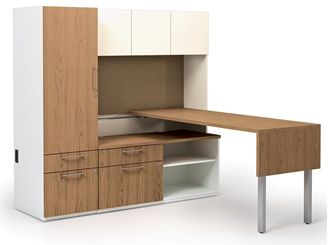 Picture of Contemporary L Shape Office Desk Workstation with Overhead Storage and Multi File Tall Cabinet