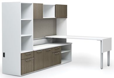 Picture of Contemporary L Shape Office Desk Workstation with Partial Closed Overhead Storage and Multi File Tall Cabinet