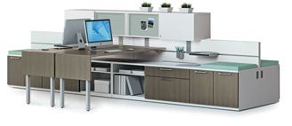 Picture of 4 Person Shared Contemporary L Shape Office Desk Workstation with Filing and Overhead Storage