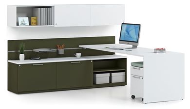 Picture of Contemporary L Shape Office Desk Workstation with Wall Mount Storage with Locking Mobile Pedestal