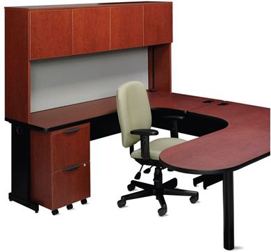 Picture of U Shape Office Desk Workstation with D Top and Closed Overhead Storage Hutch