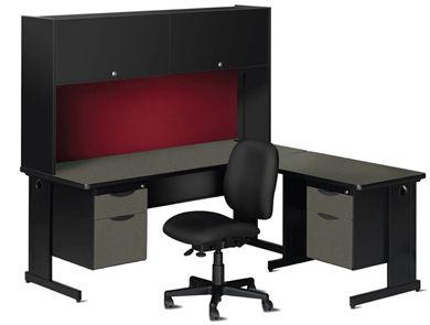 Picture of L Shape Office Desk Workstation with Steel Base and Closed Overhead Storage Hutch