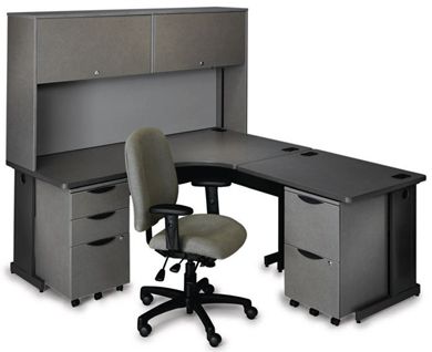 Picture of L Shape Corner Curve Office Desk Workstation with Steel Base and Closed Overhead Storage Hutch