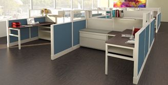 Picture of Cluster of 2 Person Contemporary L Shape Cubicle Office Desk Workstation with Glass Header, Filing and Storage