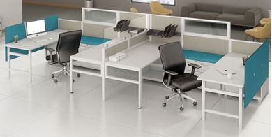 Picture of Cluster of 2 Person, Contemporary U Shape Cubicle Office Desk Workstation with Filing and Glass Header