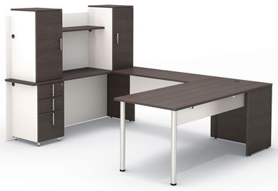 Picture of Contemporary U Shape Office Desk Workstation with Overhead Storage Hutch