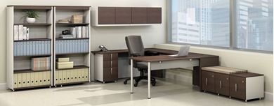 Picture of Contemporary U Shape Office Desk Workstation with Wall Mount Storage and Open Bookcases