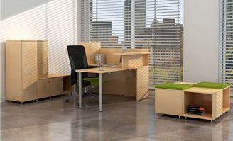 Picture of Contemporary L Shape Office Desk Workstation with Storage Credenza with Low Storage Cabinets