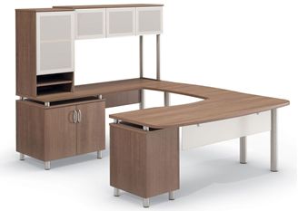 Picture of Contemporary U Shape Office Desk Workstation with Frosted Glass Overhead Storage