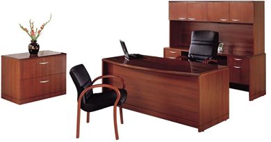 Picture of Bow Front Executive Desk with Kneespace Credenza with Closed Overhead Storage