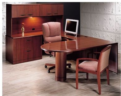 Picture of Peninsula Table U Shape Office Desk Workstation with Lateral File and Closed Overhead Storage