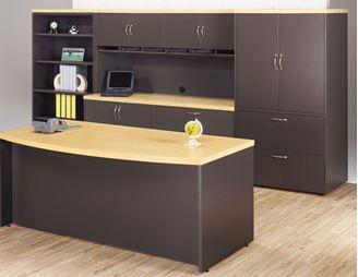Picture of Executive Office Desk Workstation with Storage Credenza with Closed Overhead Storage and Lateral File Bookcase