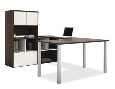 Picture of Contemporary U Shape Office Desk Workstation with Steel Legs and Open Storage.