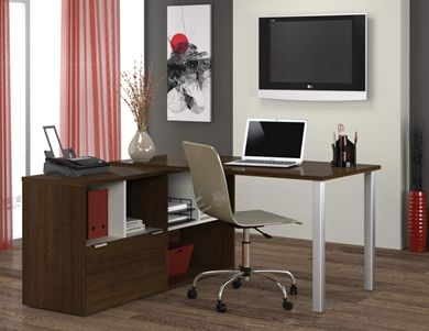 Picture of Contemporary L  Shape Office Desk Workstation with Steel Legs and Open Storage.