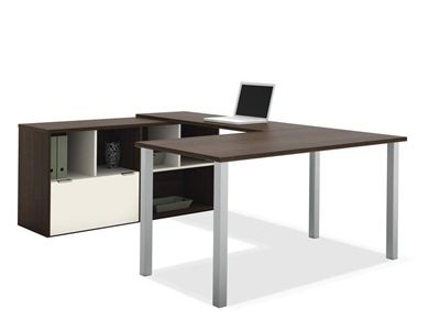 Picture of Contemporary U Shape Office Desk Workstation with Steel Legs and Open Storage.