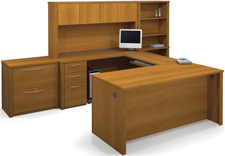 Picture of U Shape Office Desk Set Workstation with Storage Hutch, Lateral File and Open bookcase.