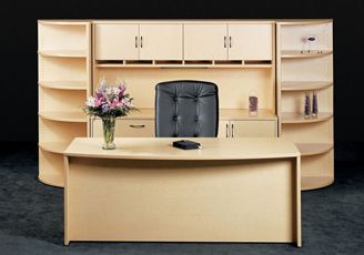 Picture of 72" Bowfront Executive Office Desk Workstation with Storage Credenza, Overhead and Corner Bookcases