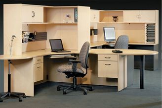 Picture of 2 Person Shared L Shape Office Desk Workstation with Filing and Corner Overhead Storage
