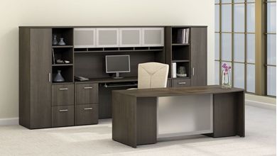 Picture of Contemporary 72" Bowfront Desk with Kneespace Credenza, Aluminum Overhead Doors with Multi Bookcases