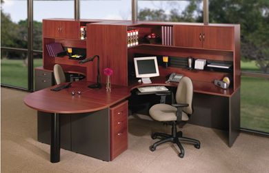 Picture of 2 Person Shared Curved Office Desk Workstation with Filing and Corner Overhead Storage