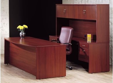 Picture of 72" Bowfront Executive Office Desk Workstation with Kneespace Credenza and Overhead Storage
