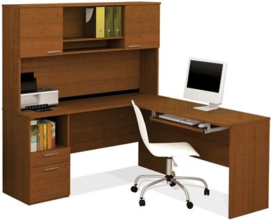 Picture of L Shaped Workstation With Hutch, Keyboard Shelf And File Drawer