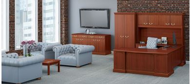 Picture of Traditional U Shape Office Desk Workstation with Overhead Storage, Wardrobe and Storage Buffet Credenza