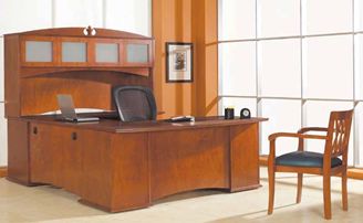 Picture of Veneer 72" U Shape Office Desk Workstation with Frosted Door Overhead Storage Hutch