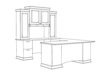 Picture of Contemporary Veneer U Shape Executive Office Desk Workstation with Glass Door Overhead Storage Hutch