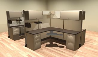 Picture of Quad 4 Person L Shape Cubicle Desk Workstation with Filing and Overhead Storage