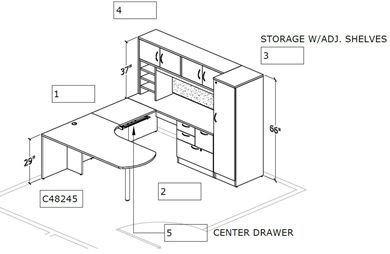Picture of Custom U Shape Arc Desk Workstation with Closed Overhead, Wardrobe, Organizer and Multi File Pedestal