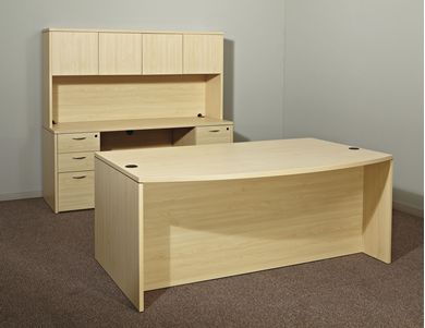 Picture of 72" Bowfront Executive Office Desk with Kneespace Credenza and Closed Overhead Storage