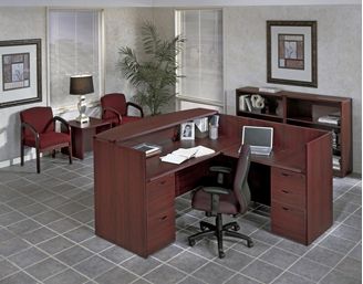 Picture of L Shape Reception Desk Workstation with Filing, Freestanding Bookcases and End Table