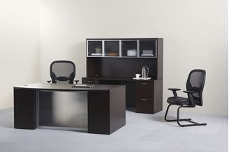 Picture of 72" Contemporary Bowfront Executive Desk with Kneespace Credenza with Glass Door Overhead Storage