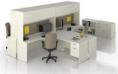 Picture of 4 Person 72" L Shape Office Desk Workstation with Closed Overhead Storage and Freestanding Multi Unit Storage
