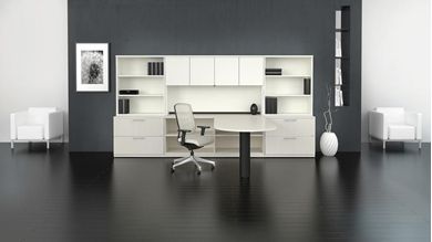 Picture of 72" L Shape Office Desk Workstation with Closed Overhead Storage and Bookcase Lateral File Storage