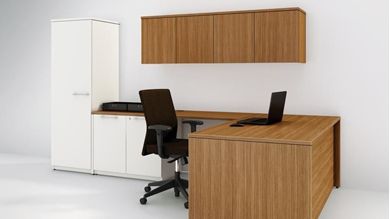 Picture of 72" L Shape Office Desk Workstation with Wall Mount Stage and Single Door Wardrobe