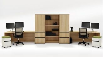 Picture of 2 Person Desk Station with Mobile Filing, Bookcase and Wardrobe Storage