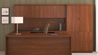 Picture of 72" Bowfront U Shape Office Desk Workstation with Closed Overhead Storage with Bookcase Lateral Cabinet