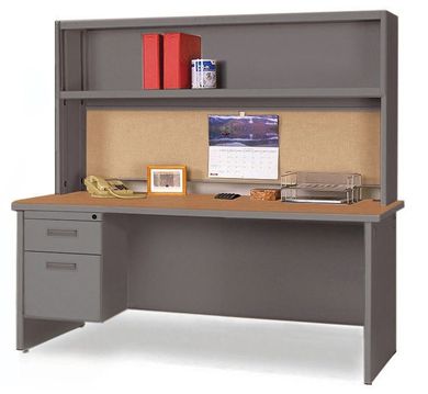 Picture of 60" Steel Office Desk Workstation with Overhead Storage and Filing Cabinet