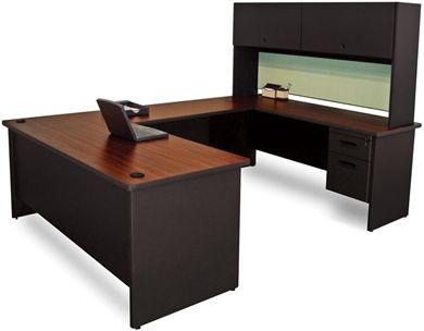 Picture of 72" U Shaped Steel Office Desk Workstation with Filing and Closed Overhead Storage