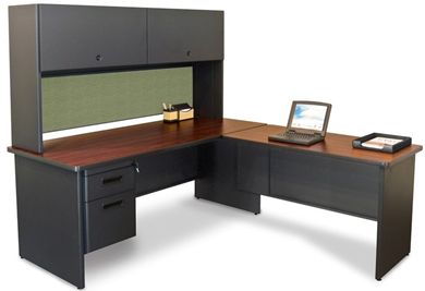 Picture of 72"W L Shape Steel Office Desk Workstation with Closed Overhead Storage and Filing Pedestal