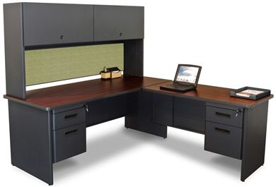 Picture of 72" L Shape Steel Office Desk Workstation with Closed Overhead and Filing Storage